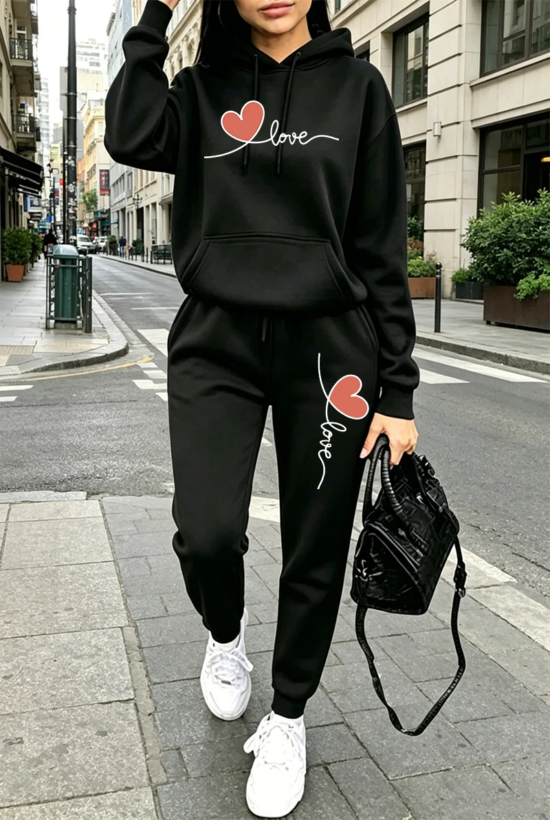 Winter Clothing Hoodie - Kadın Eşofman Takımı Baskılı Günlük Uzun