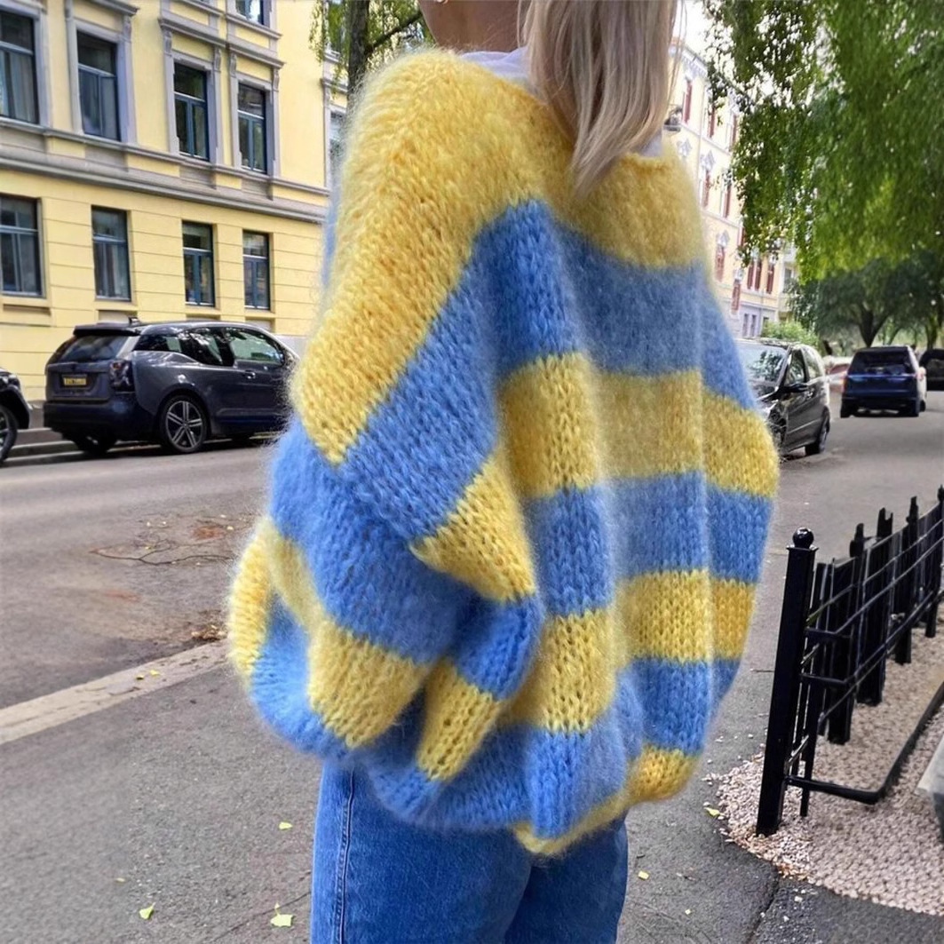 Yellow Winter Clothing - Günlük Mavi ve Sarı Çizgili Örgü